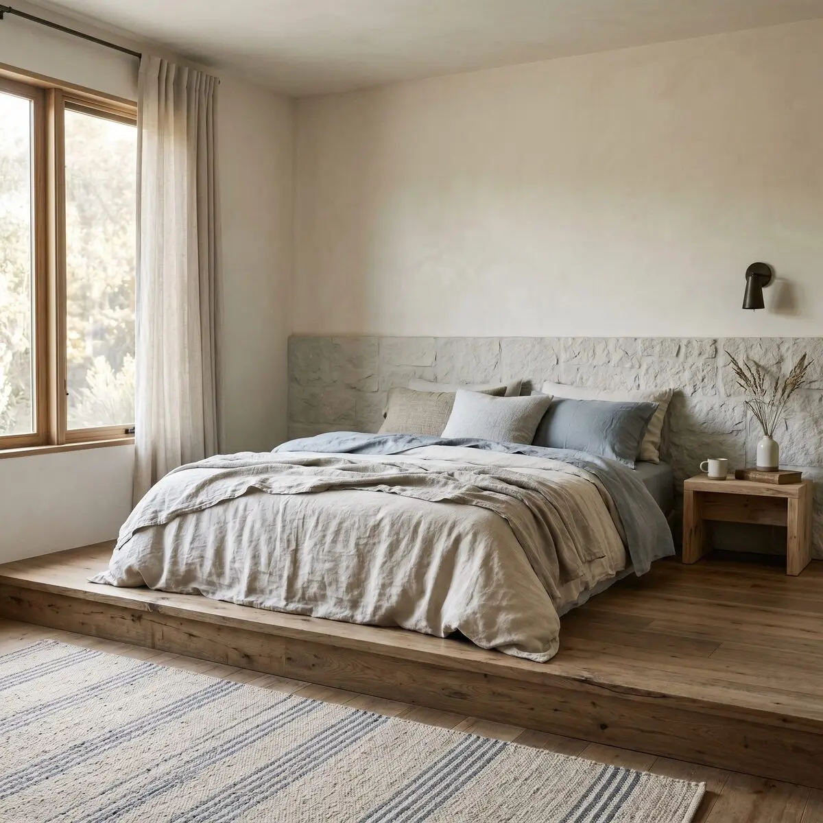 Calm bedroom interior with natural wood and linen
